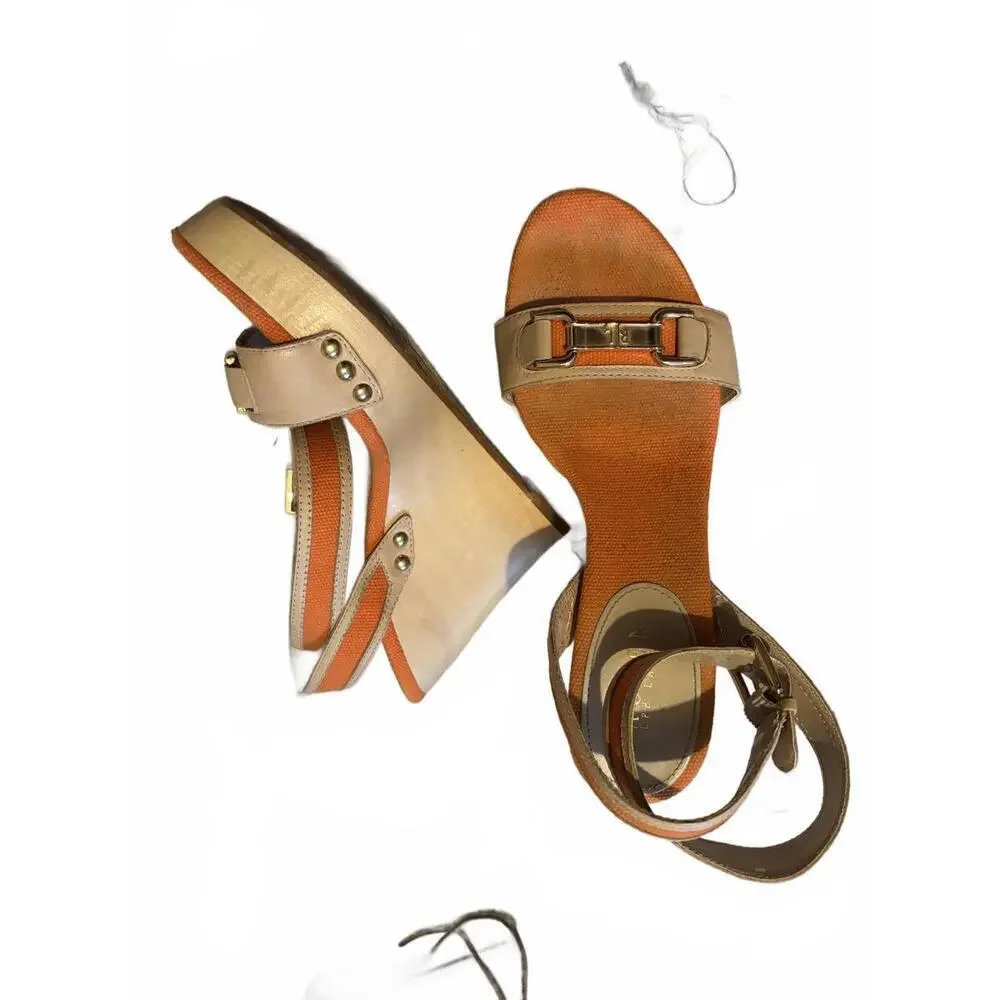 Ralph Lauren Beige and Orange Wedge Sandals Buckle Straps 7 - Picture 4 of 8
